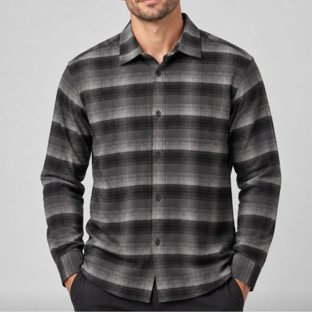 Men Lululemon Soft Knit Overshirt Check Plaid Black Heathered Graphite Grey